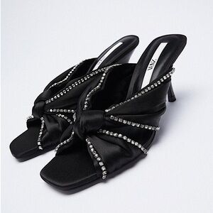 🆕 ZARA Sparkly Rhinestone Heeled Sandals Black SZ 6.5